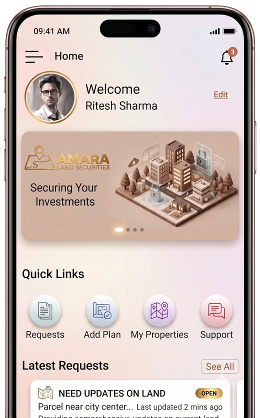 The Amara Lands app home screen: a welcome dashboard with quick links for requests, add plan, my properties and support, plus the latest plot update requests