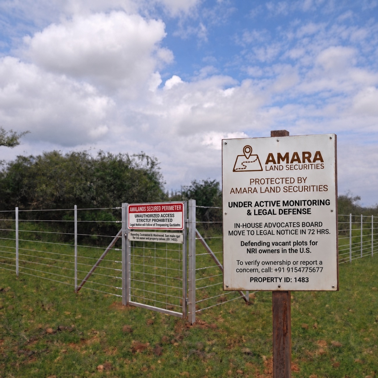 A vacant plot in the Hyderabad HMDA belt inside a secured wire perimeter with a locked gate and an Amara Land Securities board: under active monitoring and legal defense, legal notice in 72 hours